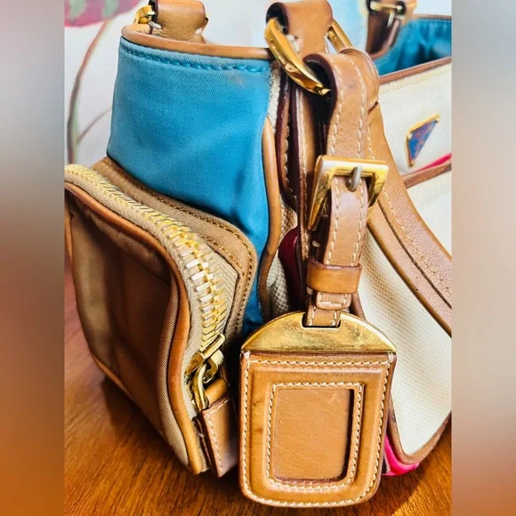 Prada Vintage Beige Mixed Material Multicolor Bag w/Leather Trim & Teal Interior - Picture 11 of 17